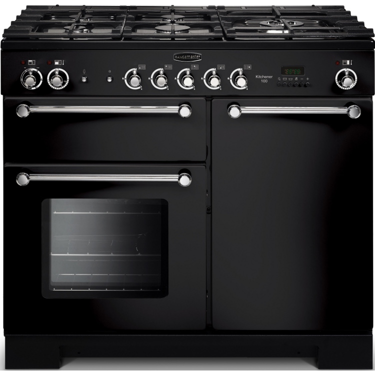 Rangemaster KCH100DFFBL/C Kitchener Black with Chrome Trim 100cm Dual Fuel Range Cooker thumbnail image