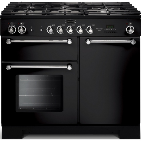 Rangemaster KCH100DFFBL/C Kitchener Black with Chrome Trim 100cm Dual Fuel Range Cooker